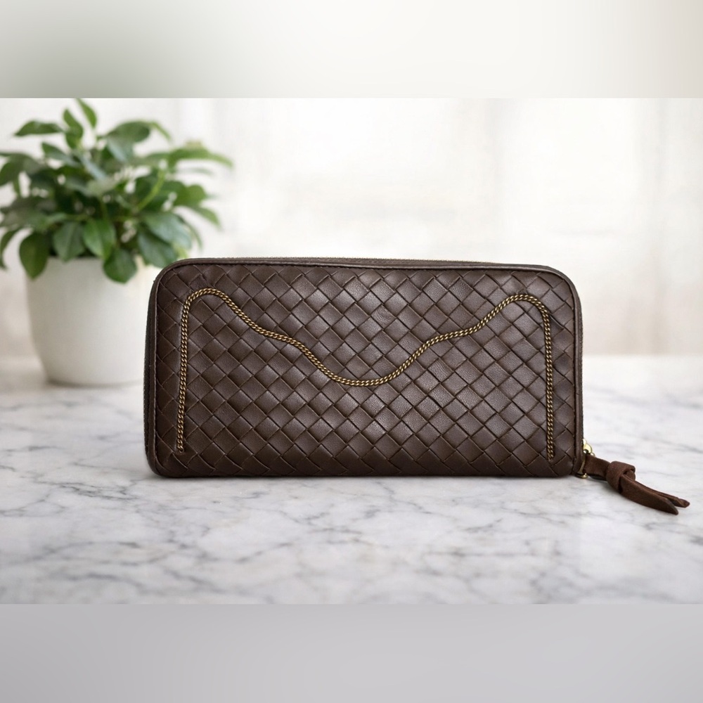 Bottega Veneta Intrecciato Zip Around Wallet Brown Leather